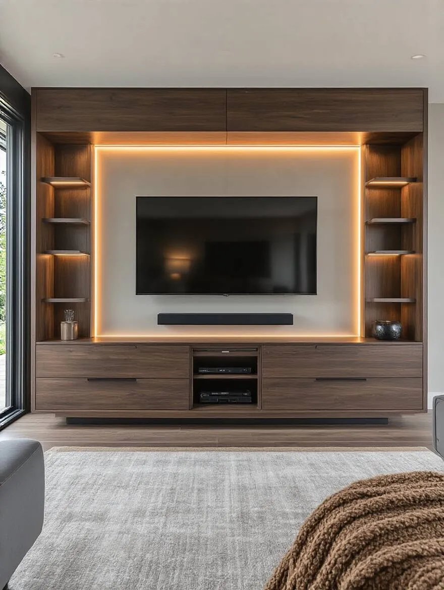 Modern living room with a sleek entertainment unit balancing design and functionality, featuring a large TV, integrated storage, and ambient lighting