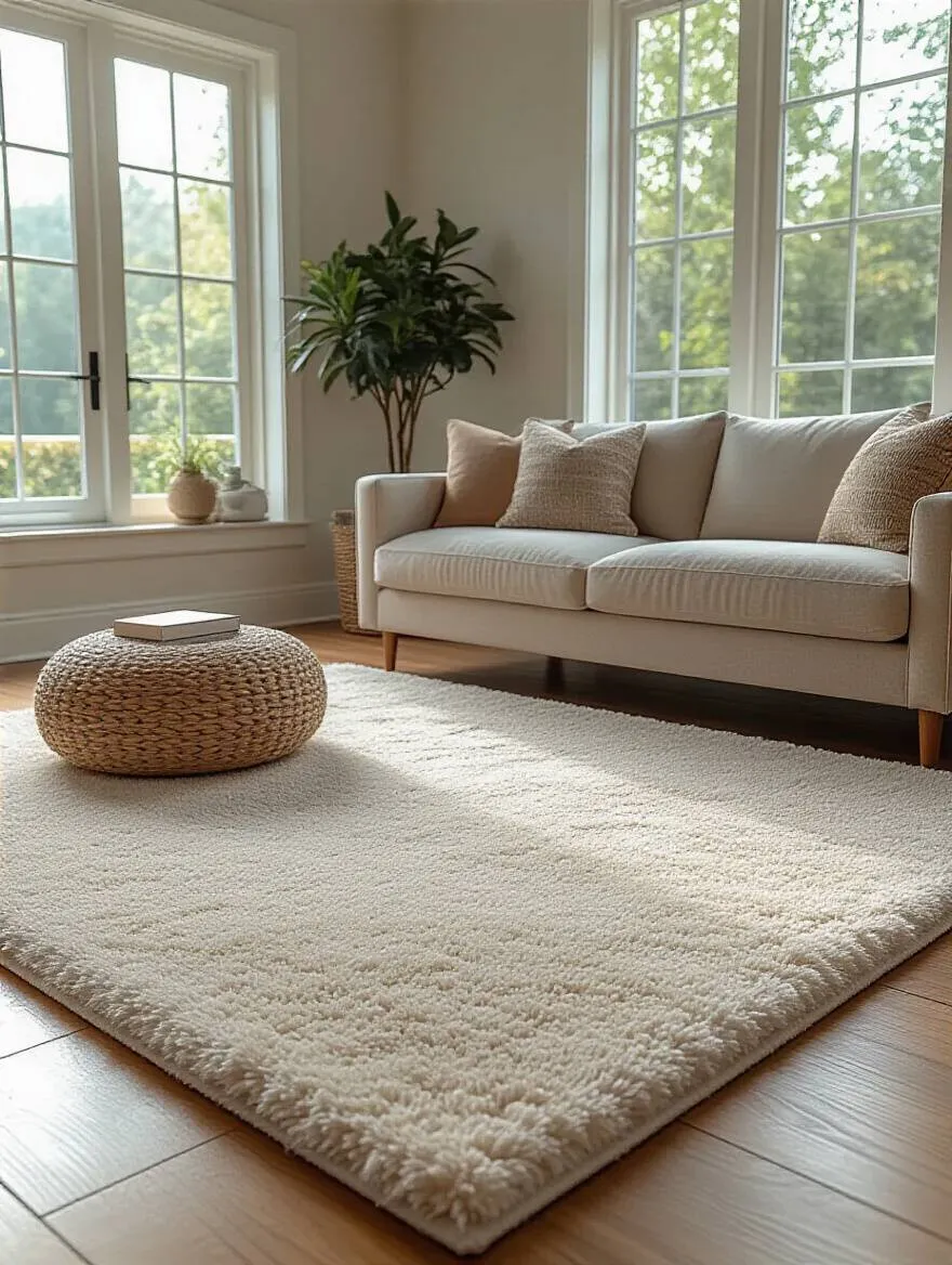 Stylish living room with a plush rug on a protective rug pad, showcasing floor protection and comfort.