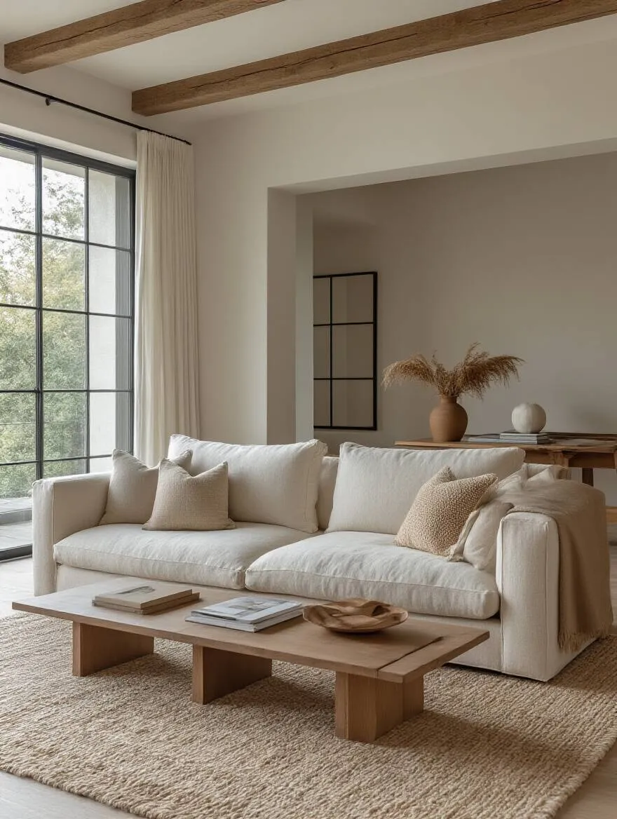 Modern living room with a perfectly sized sofa anchoring the space, showing balanced furniture layout and natural lighting
