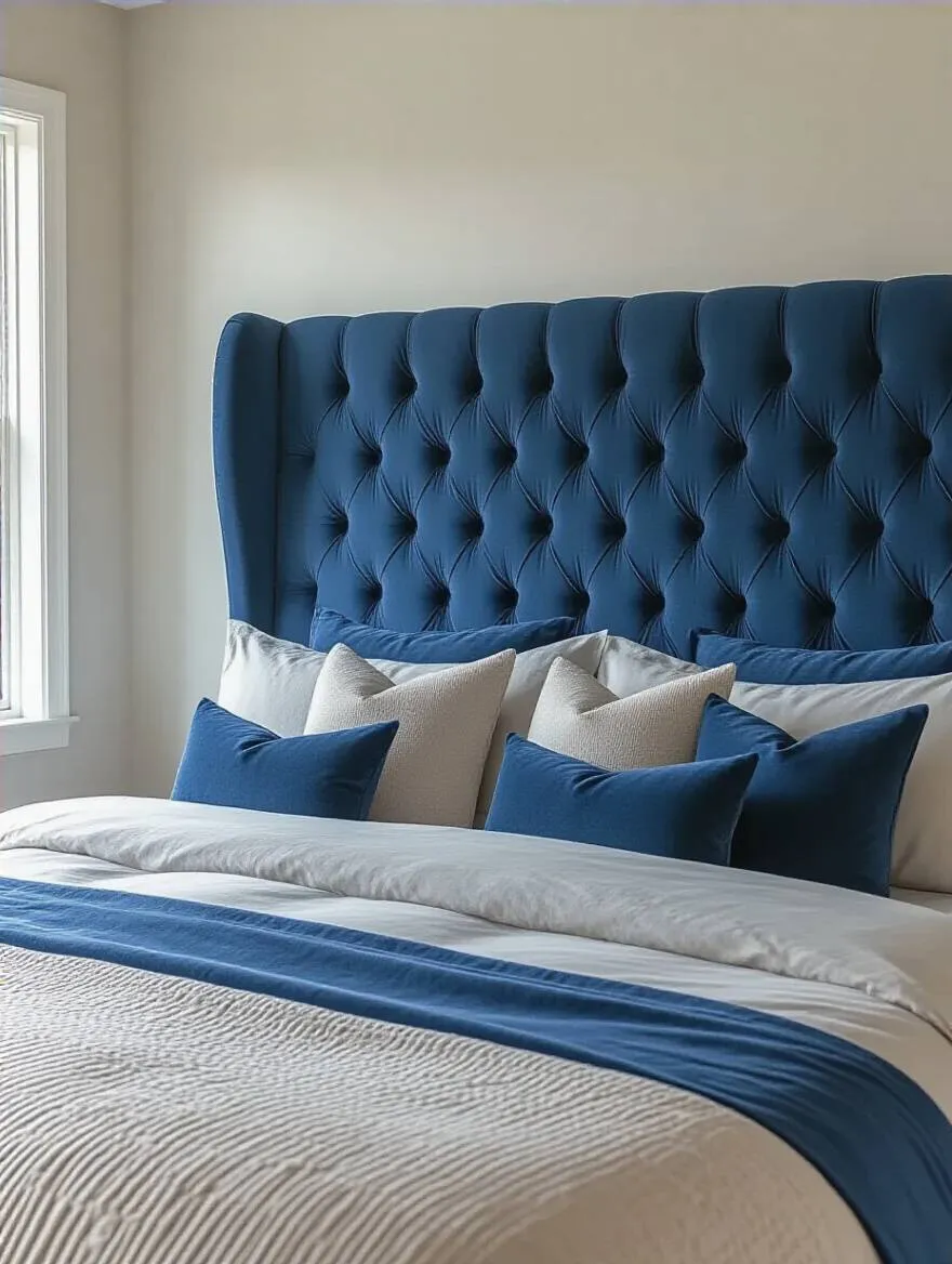 Luxurious bedroom featuring a deep sapphire blue velvet tufted headboard with soft natural lighting highlighting the plush texture