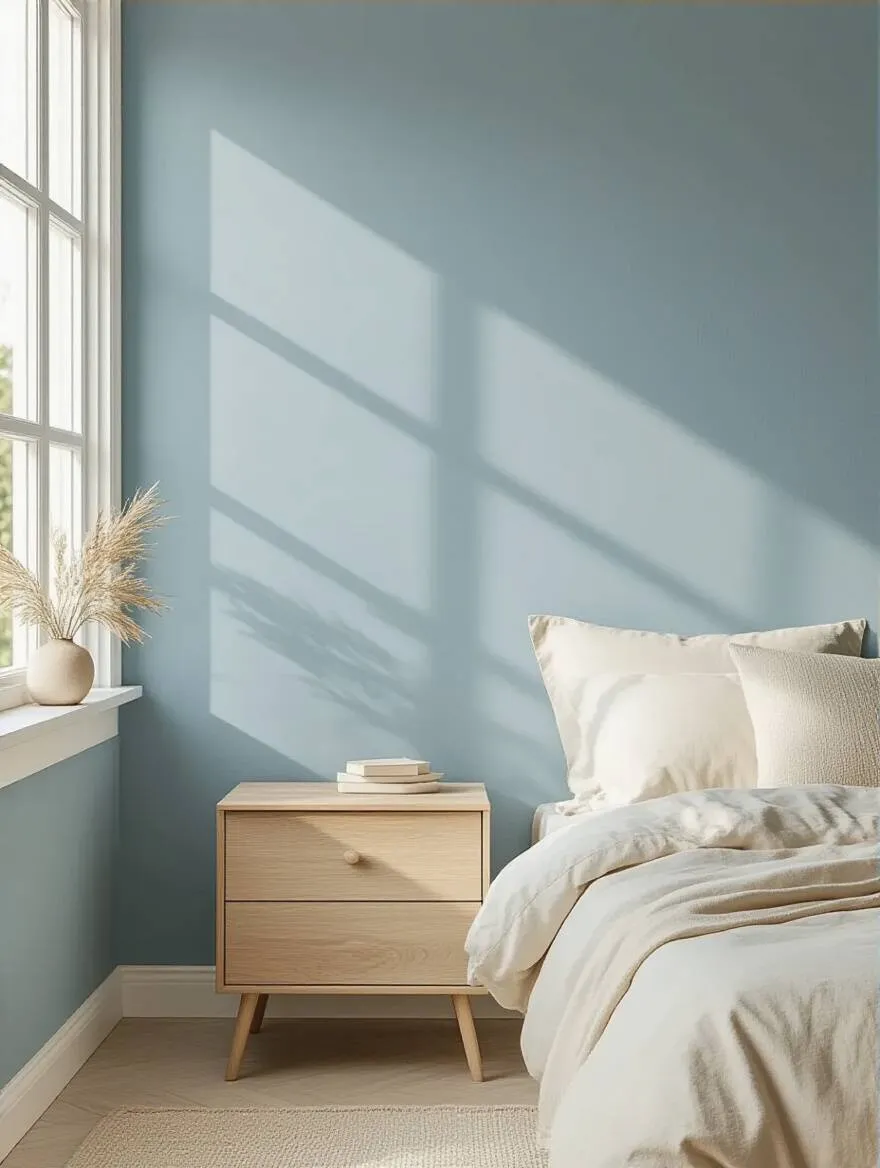 Serene blue bedroom with soft grey-blue walls, natural wood furniture, and creamy white bedding creating a relaxing atmosphere
