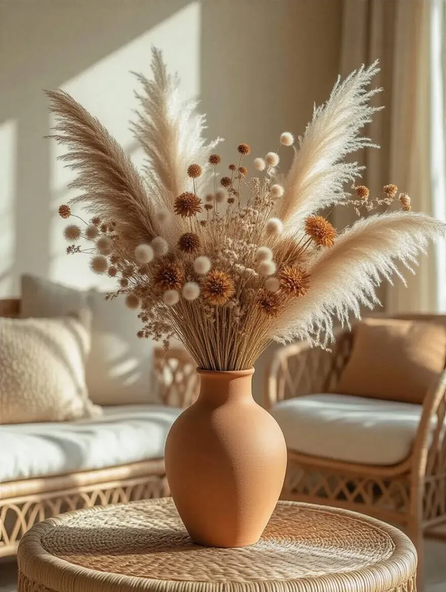Boho living room styled with dried floral arrangement in terracotta vase