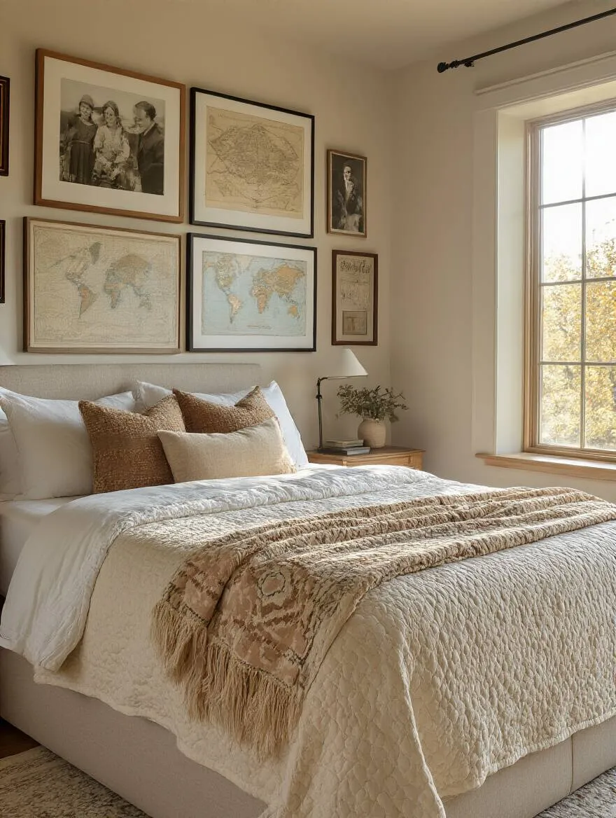 Master bedroom with personalized decor including framed photos, vintage maps, and hand-stitched quilt showcasing unique personal touches