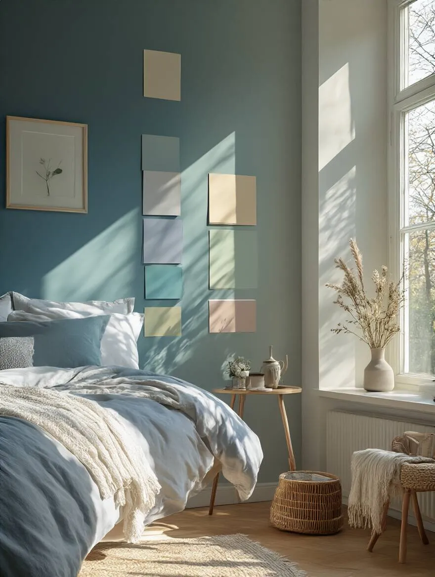 A well-lit bedroom showcasing various paint color samples on the walls, highlighting the importance of careful color selection.