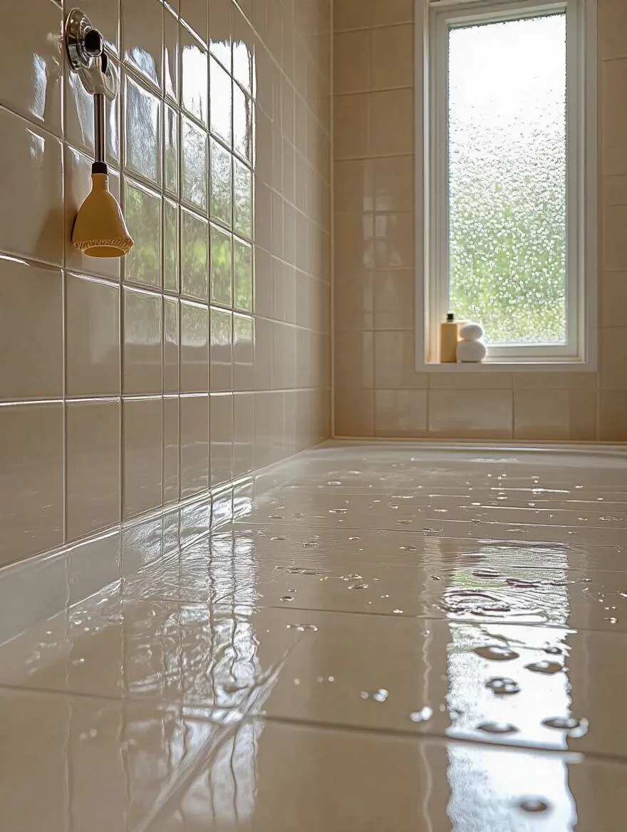Clean and bright bathroom showcasing glossy tiles and a squeegee, emphasizing tile luster maintenance.
