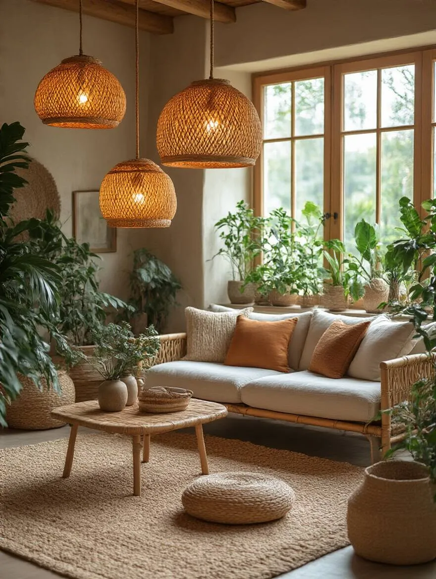 Cozy boho living room with warm lighting from woven pendant fixtures