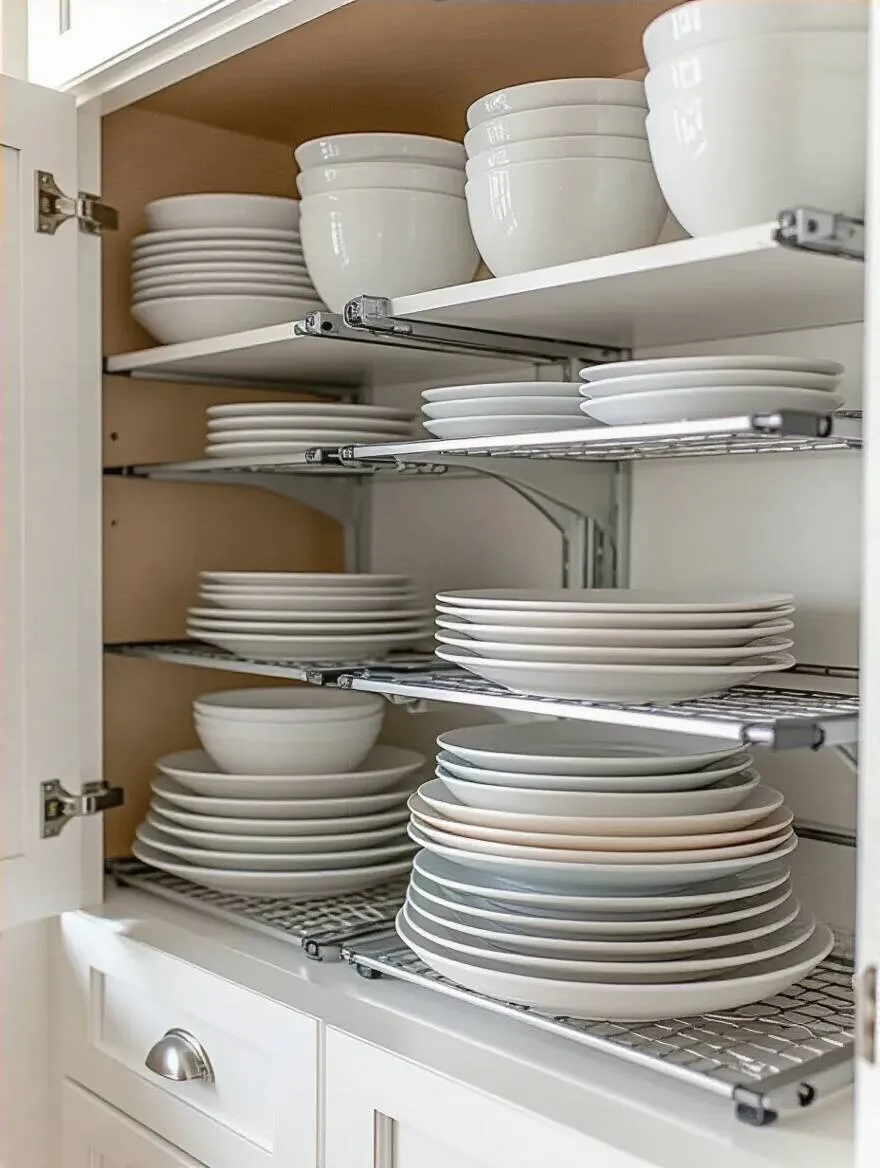 Organized kitchen cabinet with plates and bowls stacked on adjustable risers maximizing vertical storage