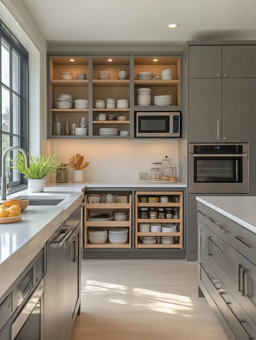 Clutter-free kitchen countertop with appliances stored neatly off the counters in cabinets and pantry shelves