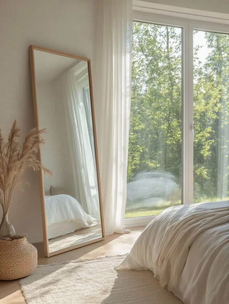 Bright modern bedroom with a large floor-length mirror reflecting natural light and outdoor greenery to expand perceived space