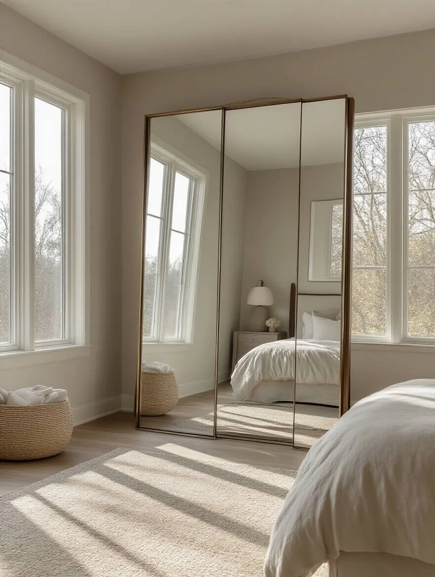 Master bedroom with a large mirror strategically placed opposite a window to expand space and amplify natural light