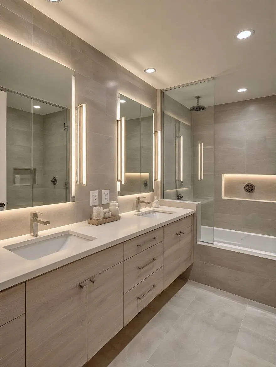 Modern bathroom vanity area showcasing strategically placed electrical outlets and layered lighting zones with ambient, task, and accent lights