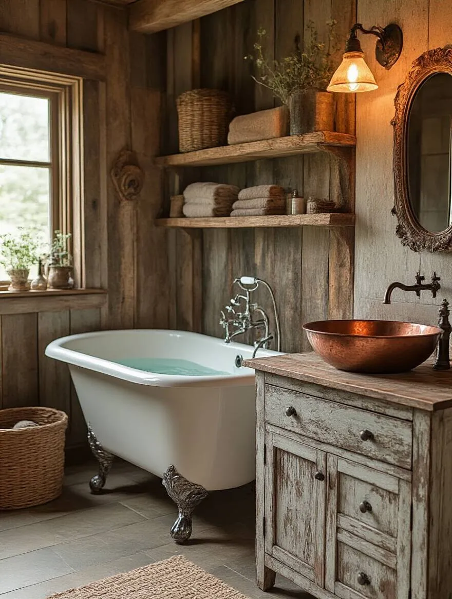 A cozy rustic bathroom with clawfoot tub, distressed vanity, and hammered copper sink.