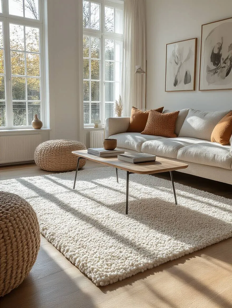 Living room with a high-quality wool rug, showcasing style and comfort