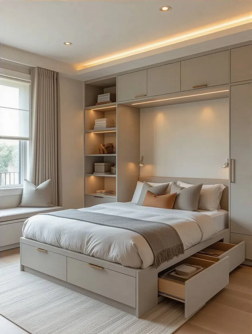 Master bedroom featuring smart storage solutions with built-in drawers and wall-mounted shelves for a clutter-free peaceful space