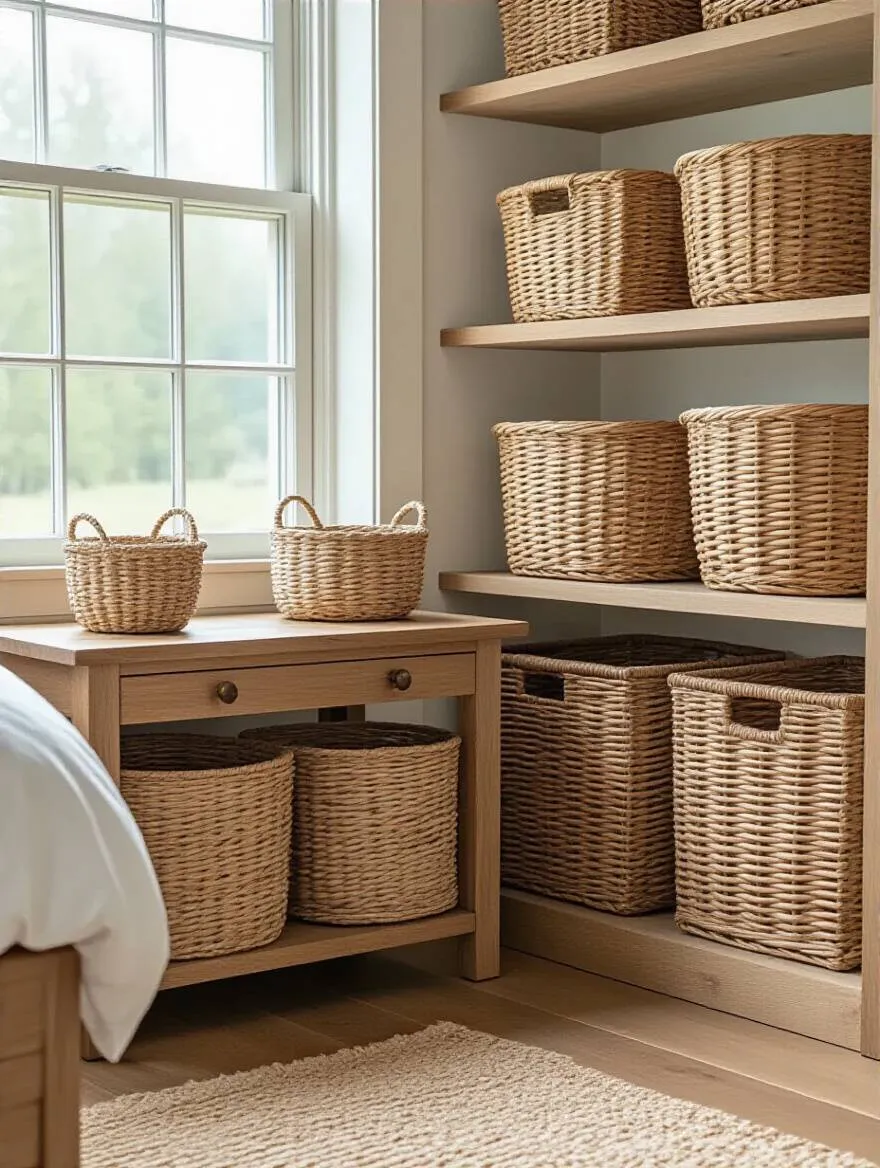 Farmhouse bedroom corner with woven baskets used for discreet storage solutions under a wooden bedside table and on shelves