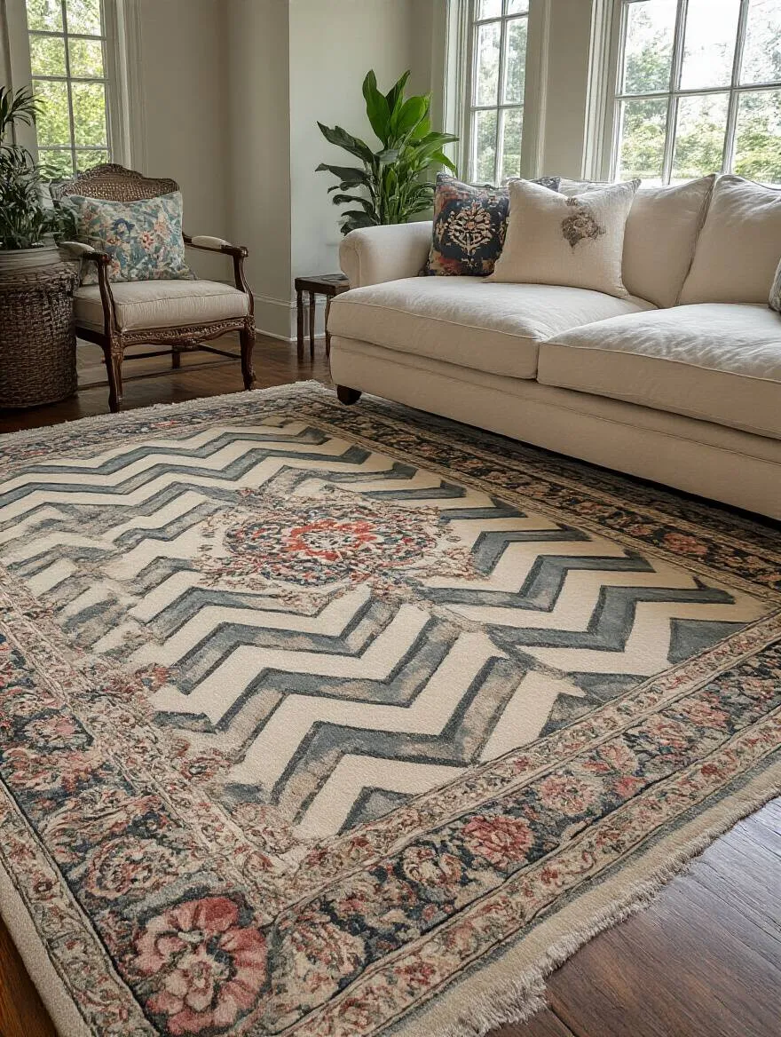 A stylish living room with layered rugs featuring a bold chevron pattern and a muted floral design.