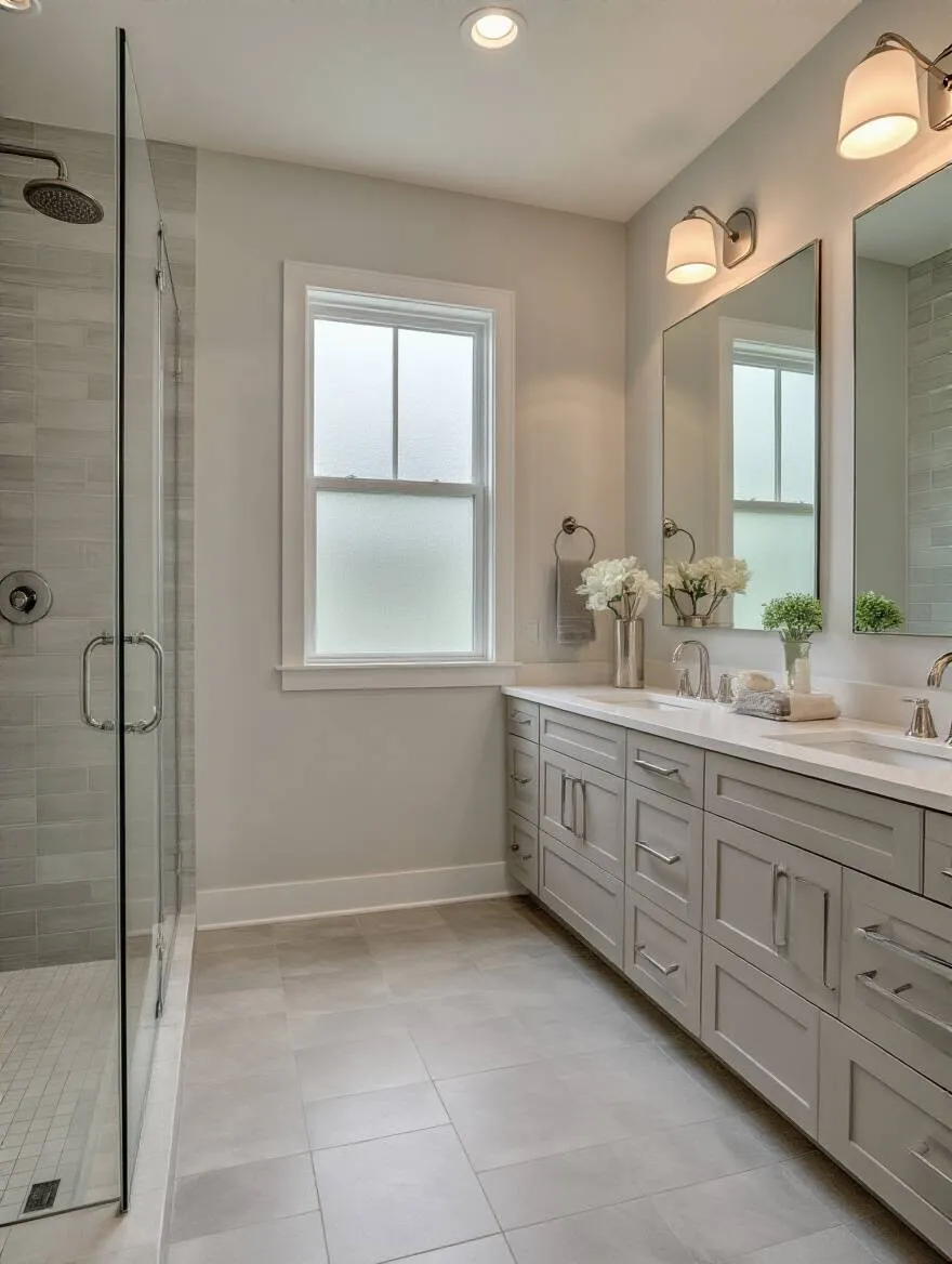 Modern bathroom with neutral tones, double vanity, and glass walk-in shower emphasizing resale value implications