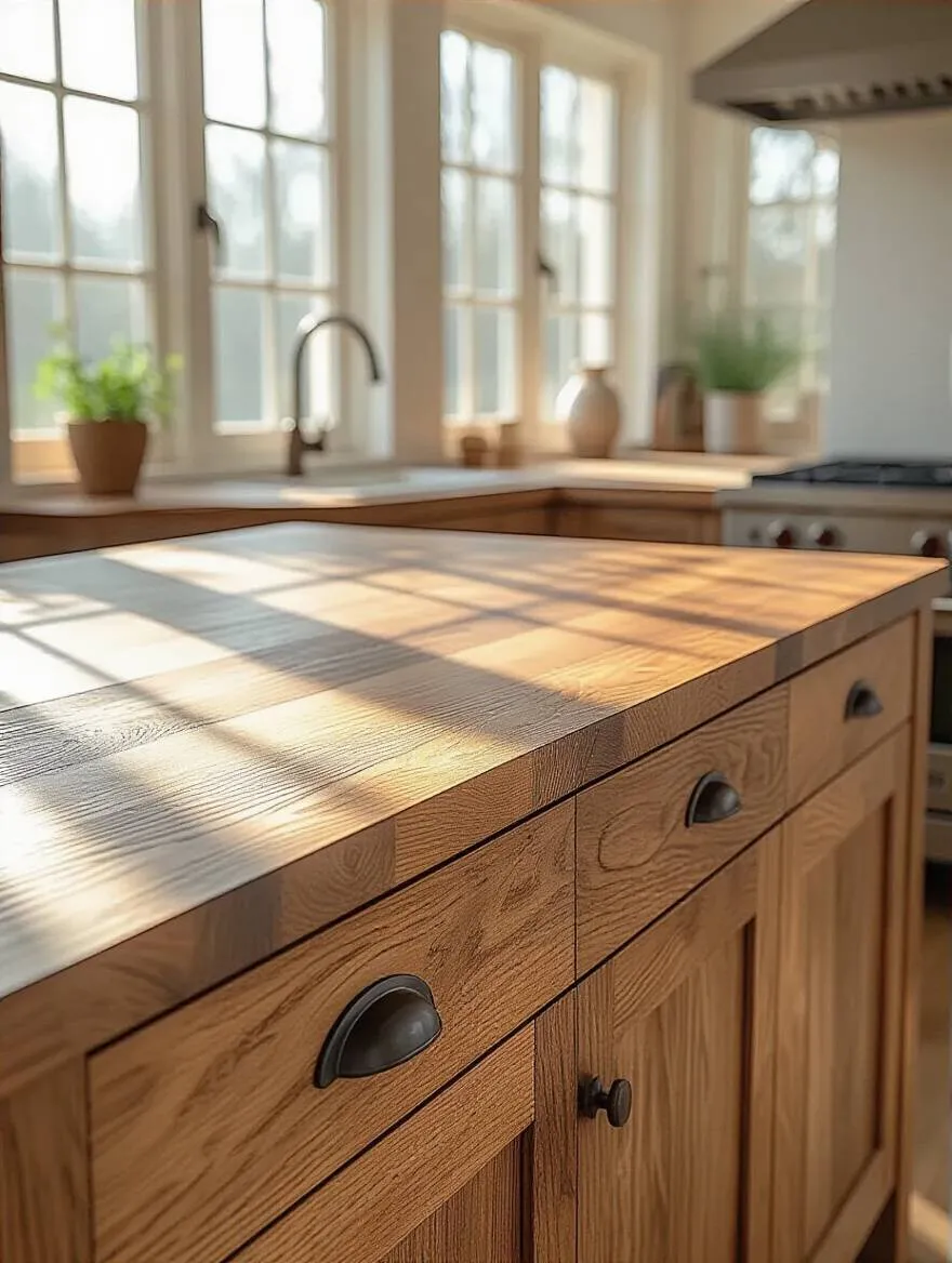 Close-up portrait of a wood kitchen island showcasing distinct and unique wood grain patterns in natural light