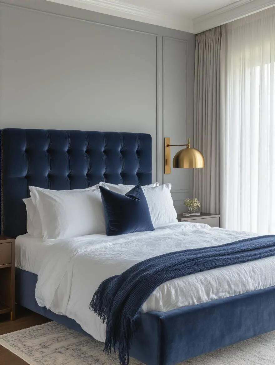 Serene bedroom with deep navy velvet headboard and white bedding illuminated by warm bedside lighting