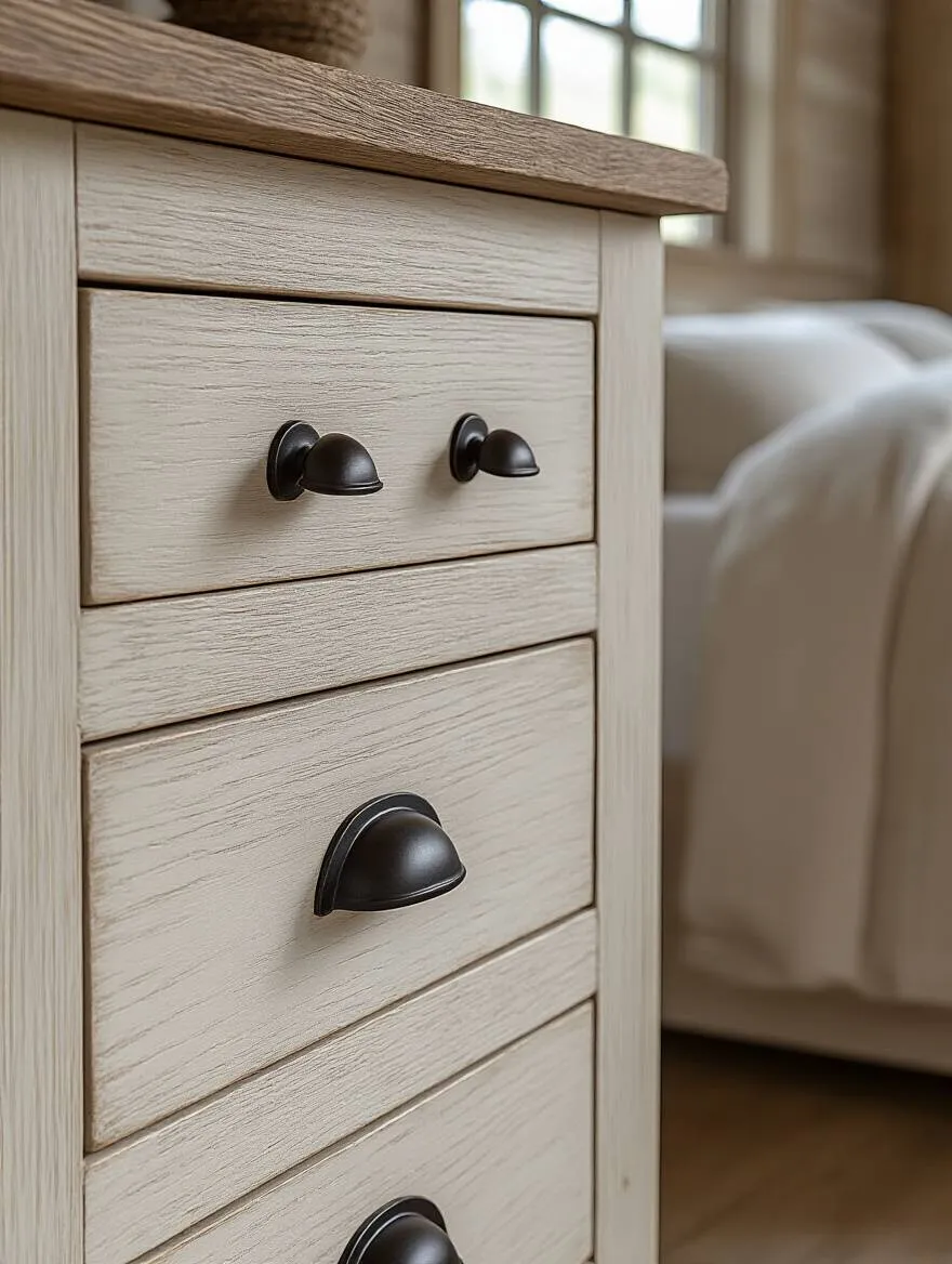 Close-up portrait of farmhouse bedroom furniture featuring matte black and oil-rubbed bronze hardware finishes