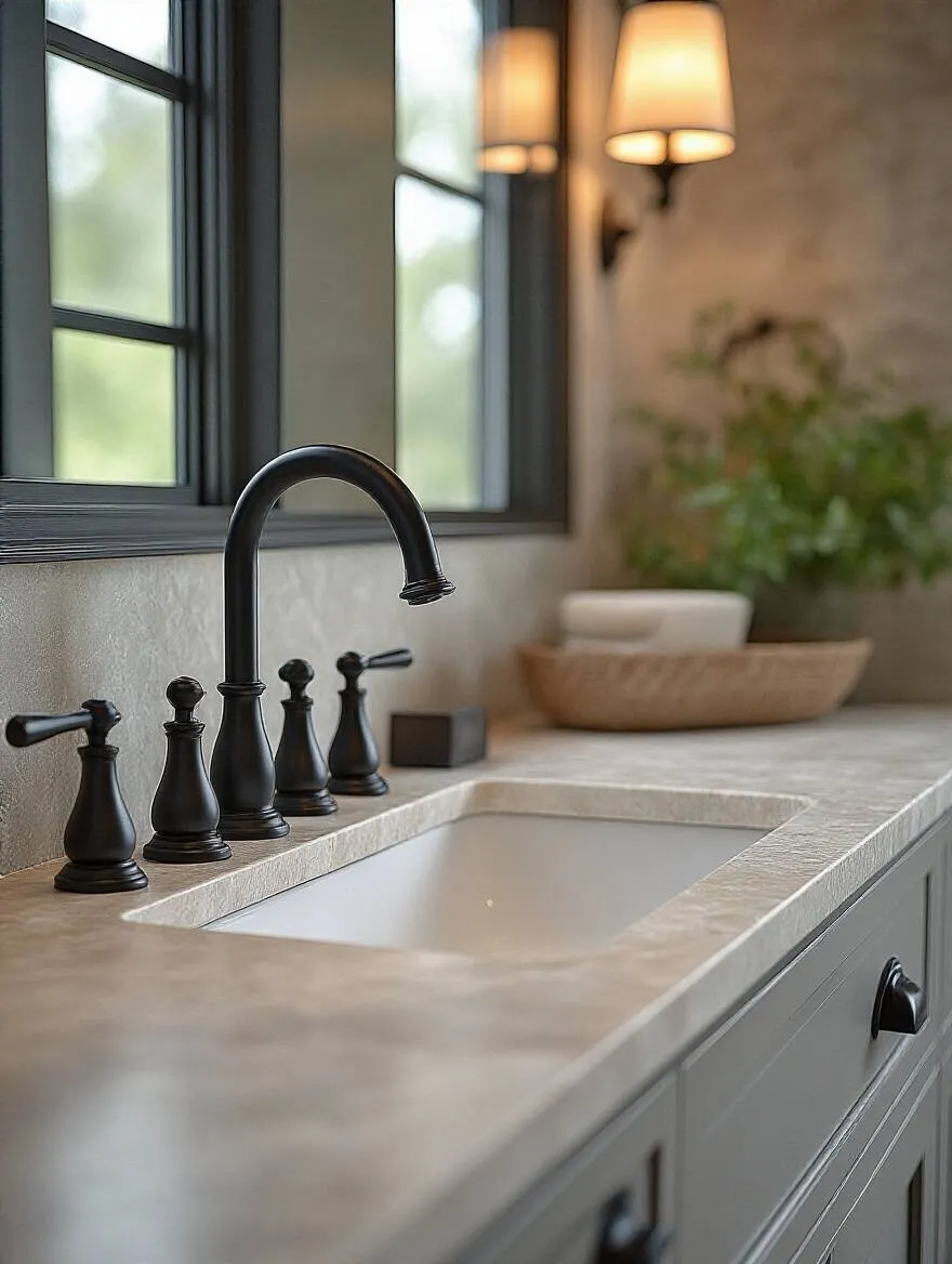 Close-up portrait of a modern bathroom sink with matte black faucet and matching cabinet hardware featuring a high-end aesthetic