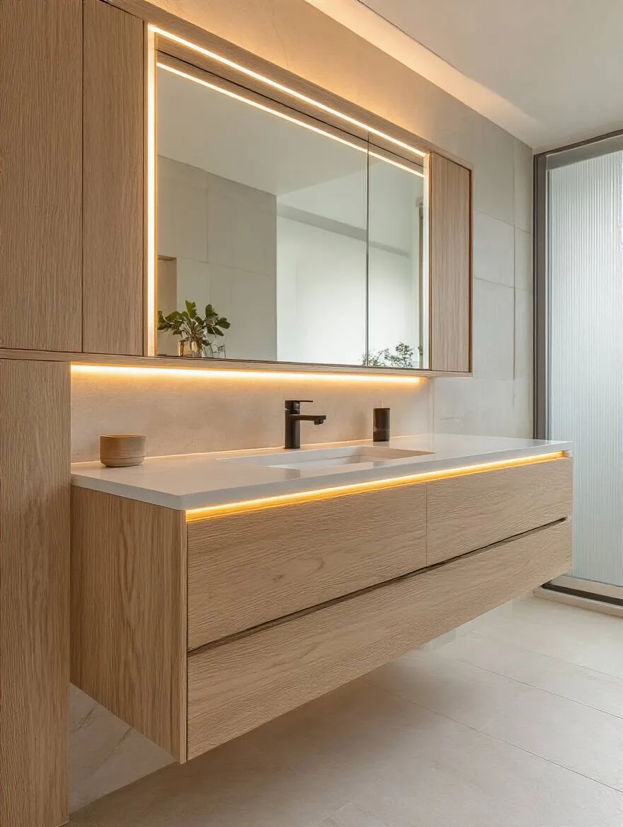 Modern floating bathroom vanity with natural wood finish and quartz countertop under warm LED lighting