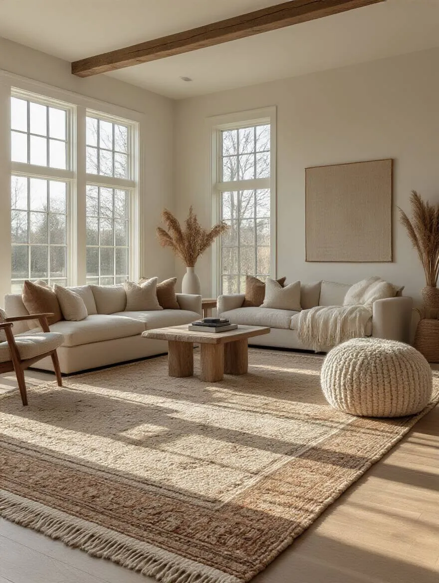Open concept living room with area rugs defining seating, reading, and workspace zones, no people