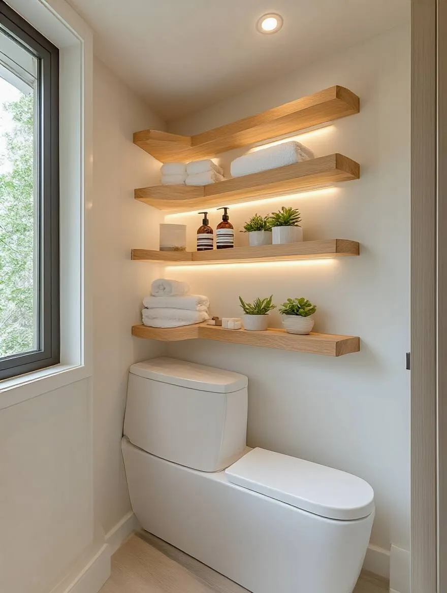 Modern bathroom with teak floating shelves above toilet holding toiletries and towels