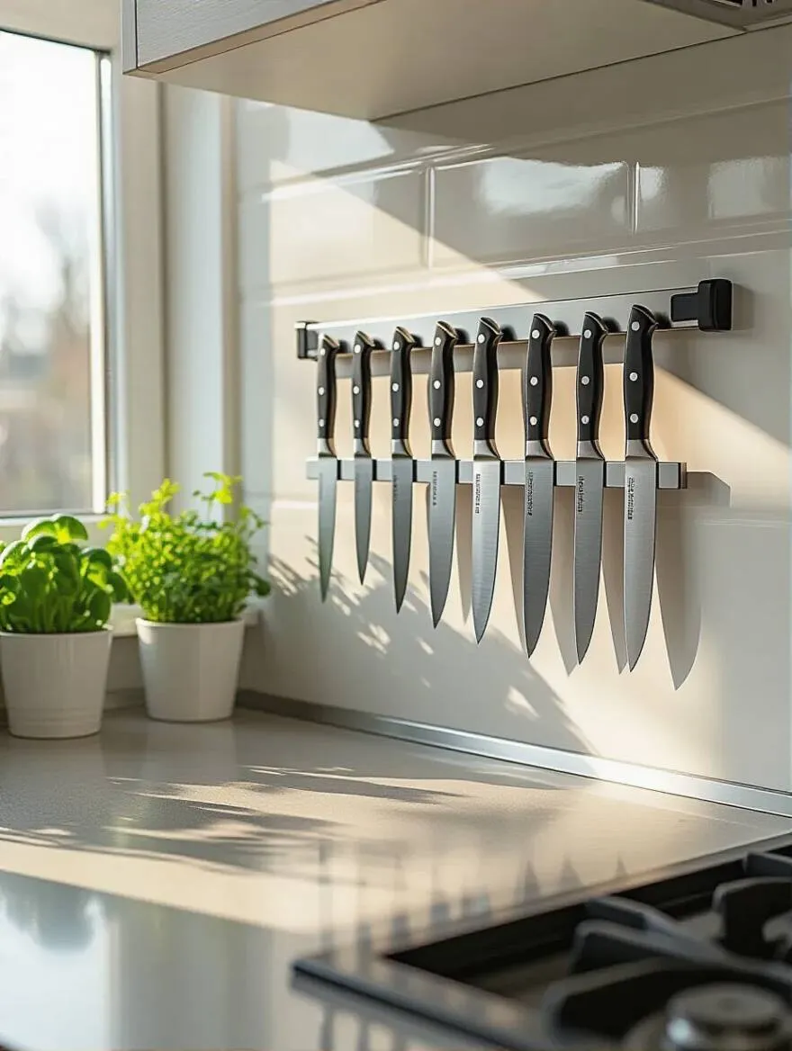 Clean modern kitchen wall with stainless steel magnetic knife strip holding knives above a clear countertop, bright natural lighting