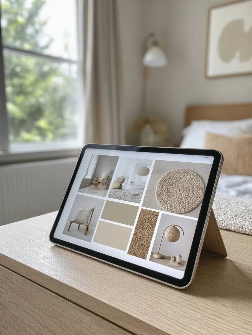 Tablet displaying a digital mood board with bedroom wall decor ideas on a wooden desk in soft <a href=