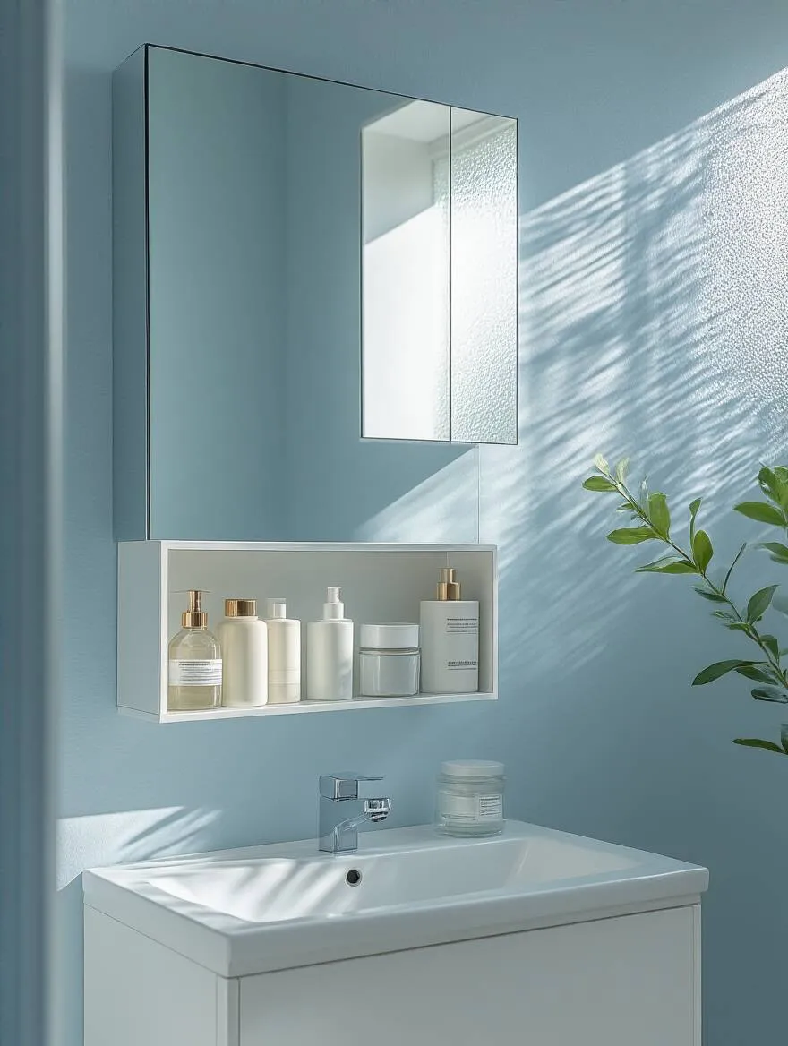 Minimalist bathroom featuring a mirrored medicine cabinet with organized toiletries.