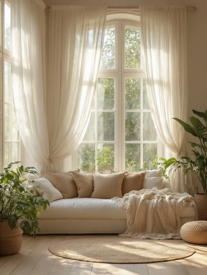 A boho living room with sheer curtains diffusing natural light