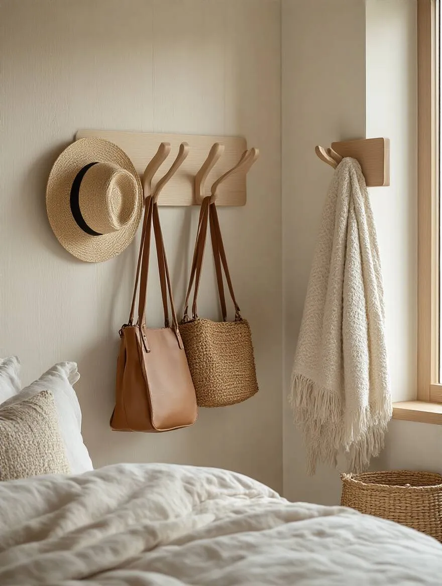 Modern bedroom wall with stylish wooden hooks and racks holding handbags, hat, and throw blanket for smart storage