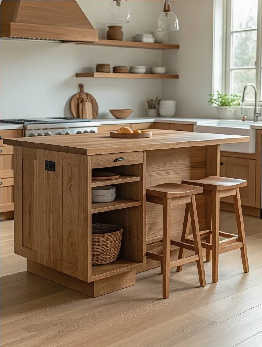 Modern wood kitchen island with undershelf storage and seating under overhang, bright kitchen interior