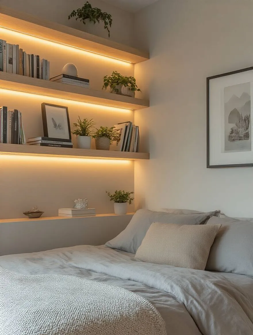 Modern bedroom with floating shelves and picture ledges showcasing organized decor.