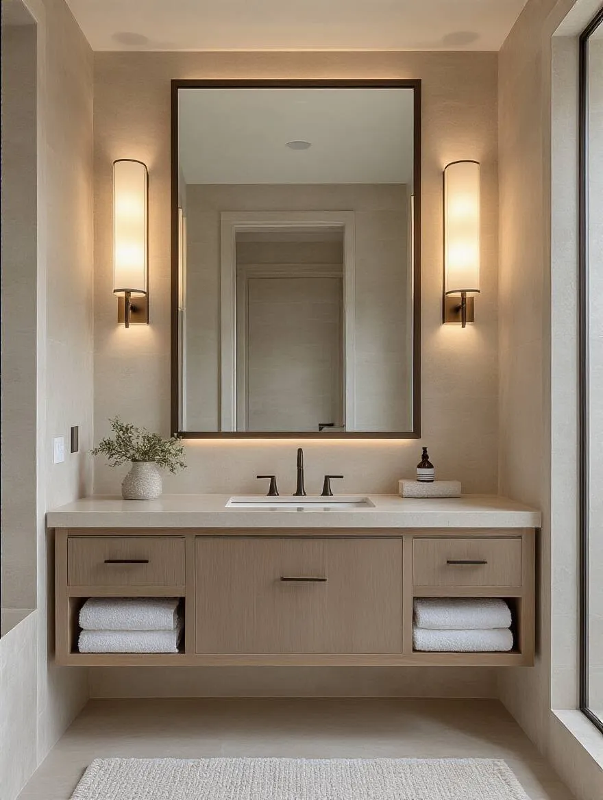 Elegant bathroom with wall sconces flanking vanity mirror, showcasing vertical lighting design