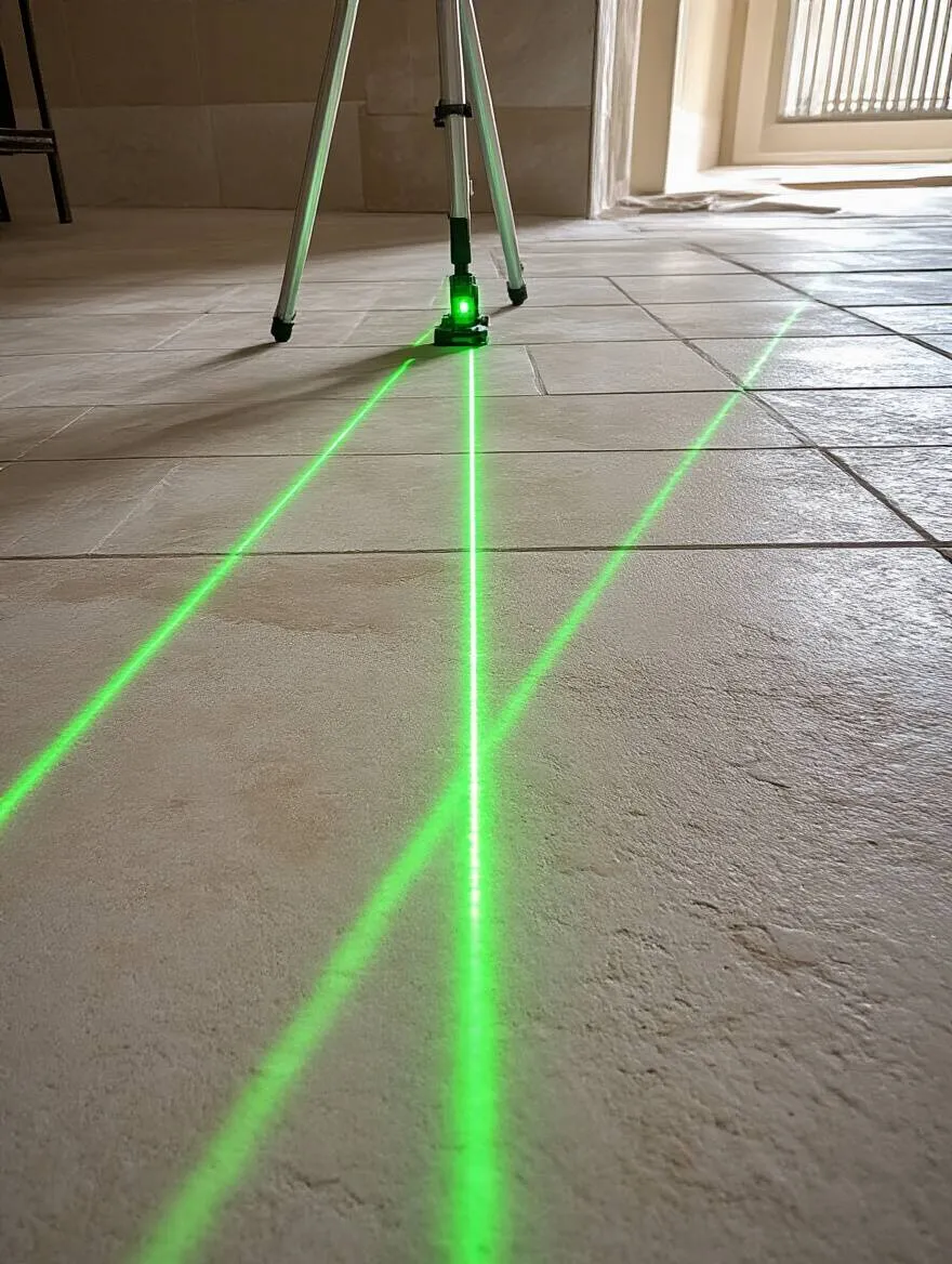 Bathroom tile installation with laser level projecting straight lines