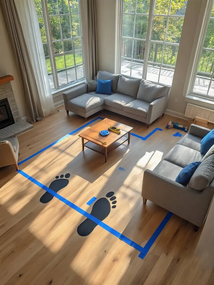 Top-down view of living room floor with blue painter's tape outlining furniture layout for visualization