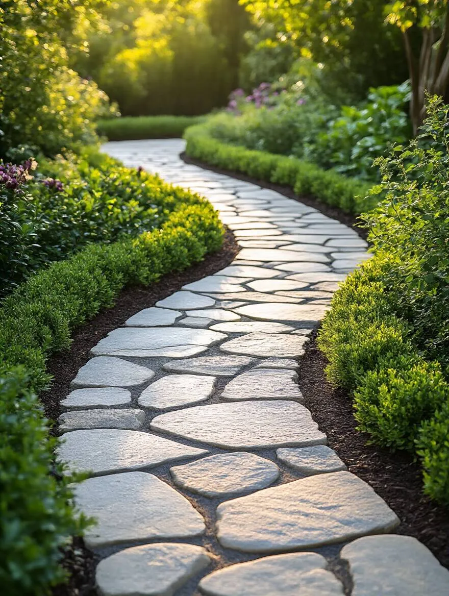 Inviting curved natural stone yard pathway bordered by greenery and soft lighting in a lush garden