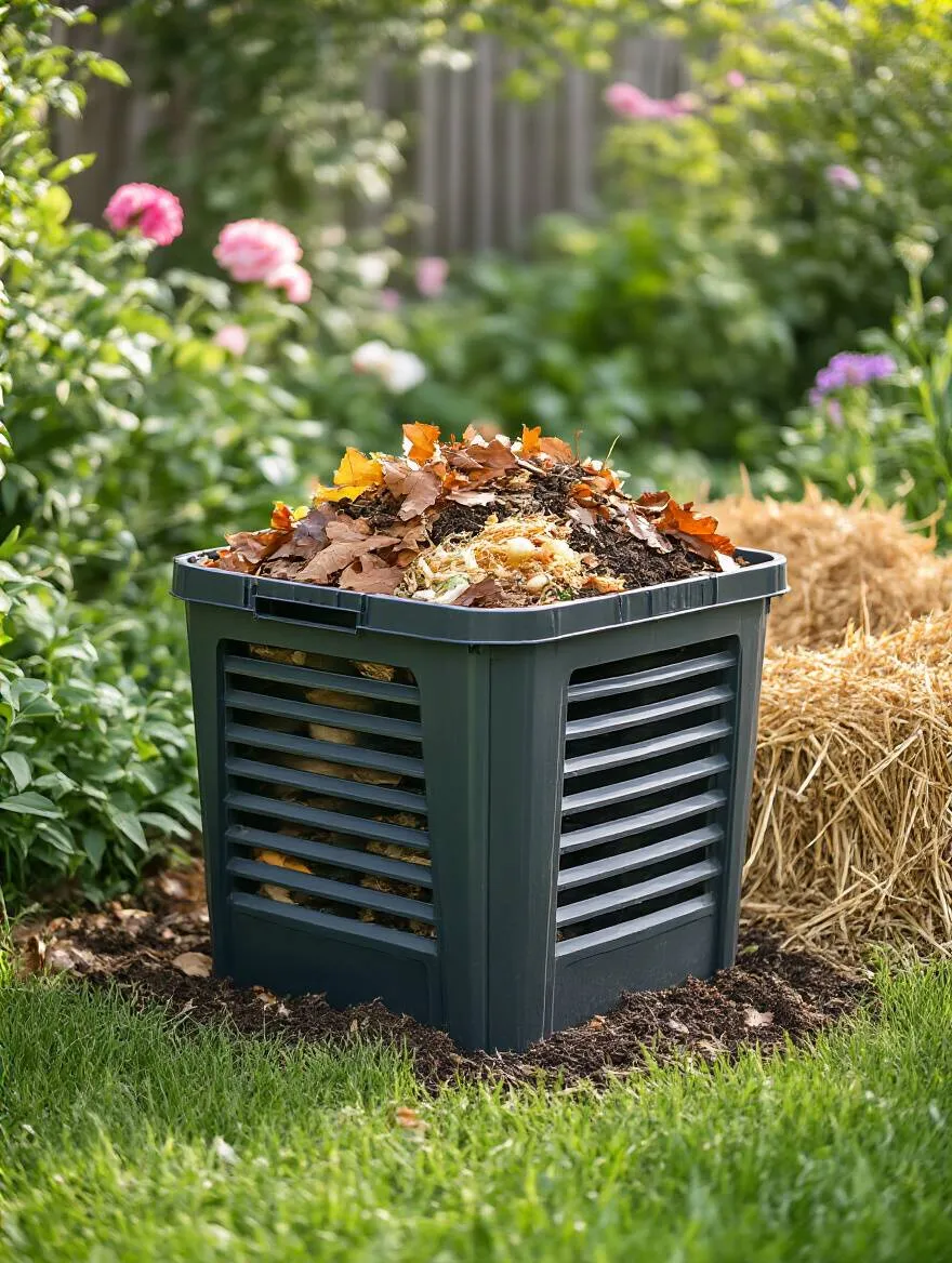 Portrait view of a backyard compost bin system with organic waste layers and surrounding garden plants under soft morning sunlight