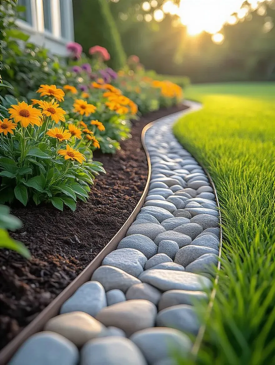 Close-up portrait photo of decorative garden edging neatly defining a flower bed with mulch and green lawn in natural golden hour light