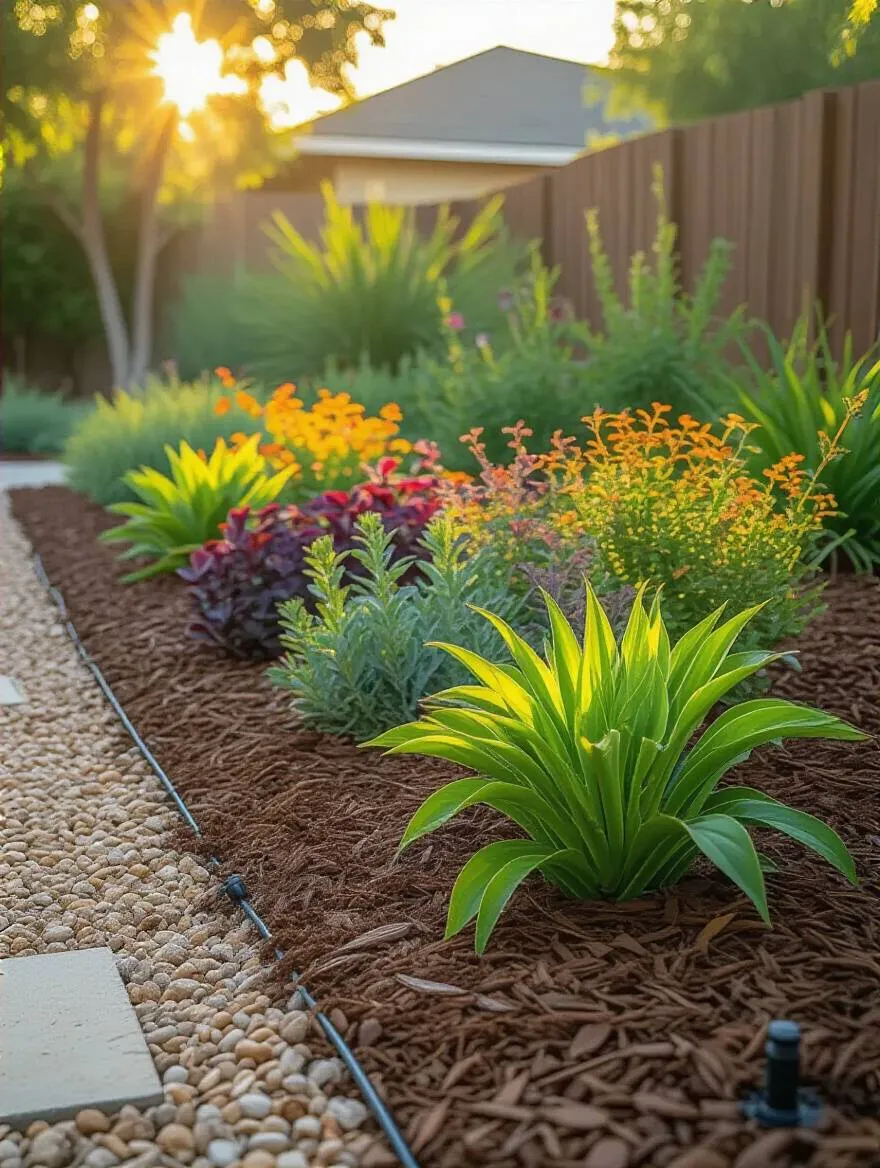 Portrait image of a water-wise plant bed with drought-tolerant native plants, organic mulch, and drip irrigation system in a residential yard during golden hour