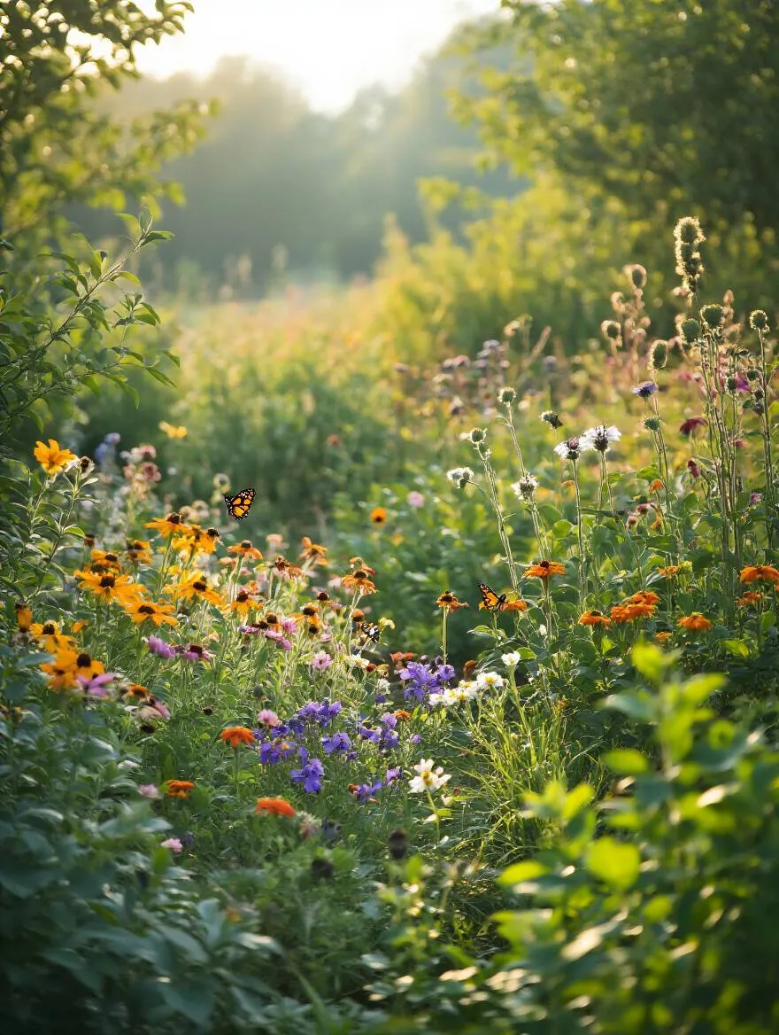 Portrait image of a yard featuring diverse native plants attracting butterflies and bees under soft morning light