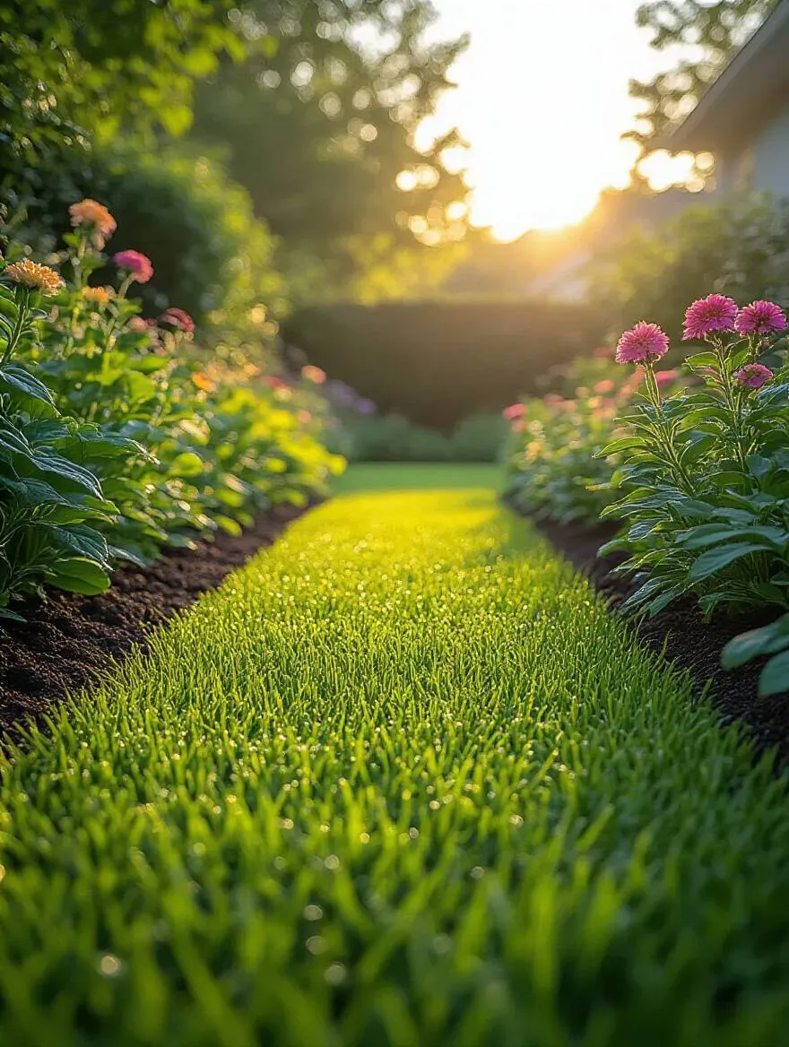 Close-up of vibrant green lawn and flowering plants with fertilizer granules applied evenly on soil under natural sunlight