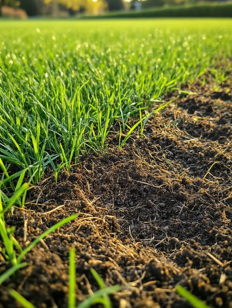 Close-up portrait image of a healthy green lawn with visible soil aeration holes and dethatched grass, illuminated by warm sunlight.