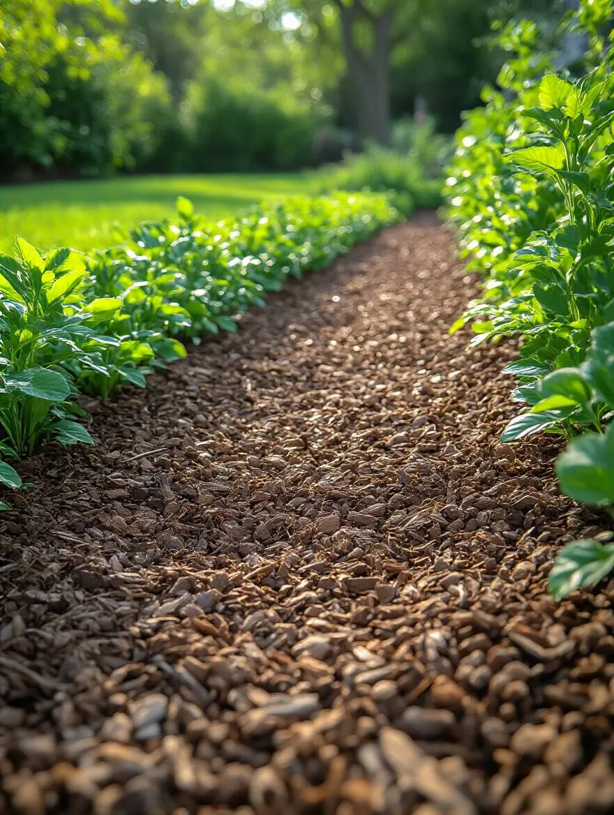 Close-up of a garden bed with thick mulch and healthy plants showing effective weed control