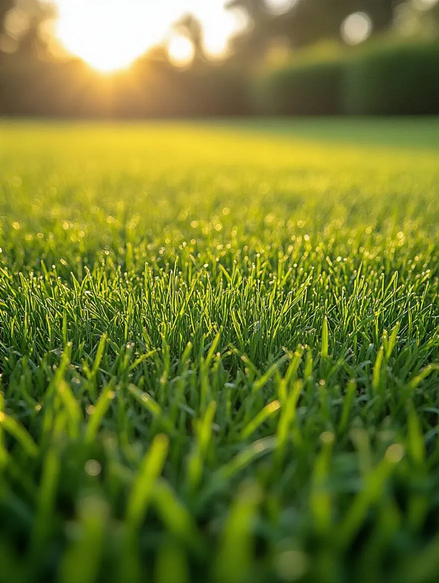 Close-up portrait photo of a thick, healthy green lawn with properly maintained mowing height under warm sunlight