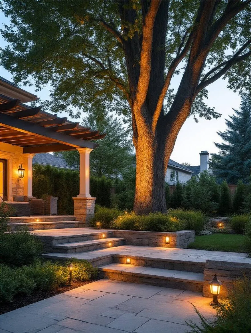 Beautifully lit backyard at twilight with strategically placed outdoor lighting highlighting garden features and pathways