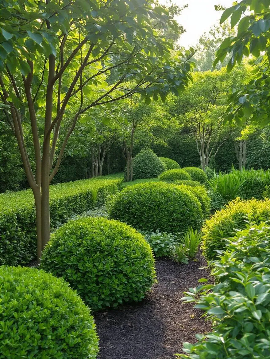 Portrait image of a garden with healthy, expertly pruned shrubs and trees showing clean cuts and vibrant foliage
