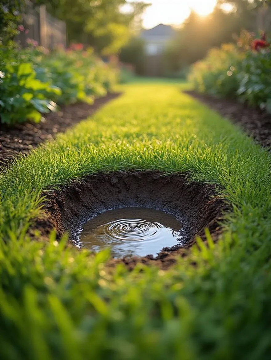 Close-up portrait photo of a yard percolation test hole filled with water showing drainage patterns to prevent root rot